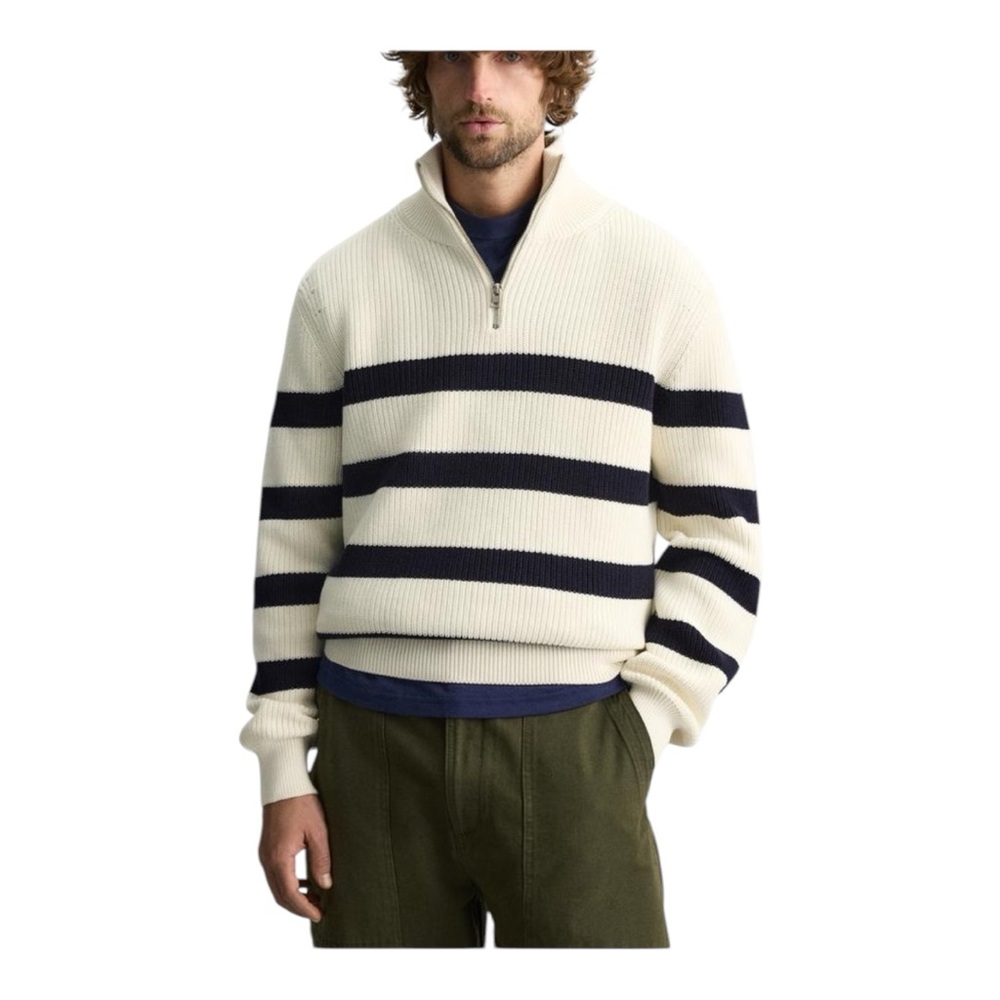 Zara Cream and Black Zip Up Cotton Sweater with Stripes